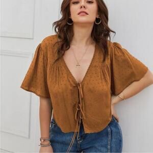 Shein Curve Plus Size Burnt Orange Tie Front Swiss Dot Blouse Top Size 2X